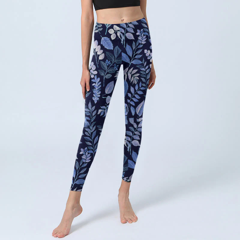 Buddha Stones Purple Leaves Print Gym Leggings Women's Yoga Pants