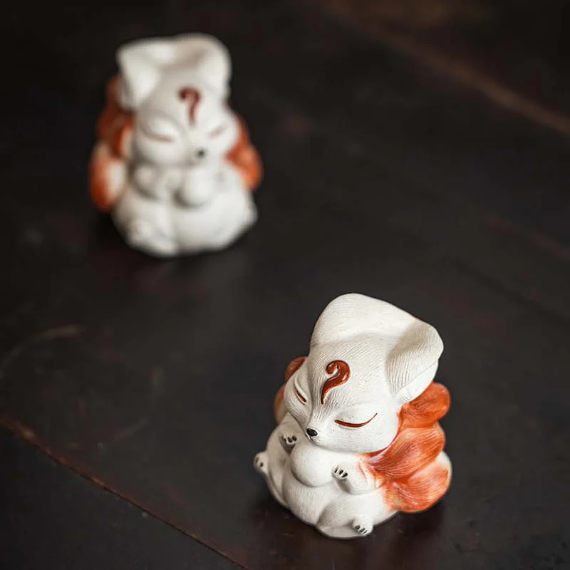 Buddha Stones Mini Nine Tailed Fox Purple Clay Luck Desk Decoration