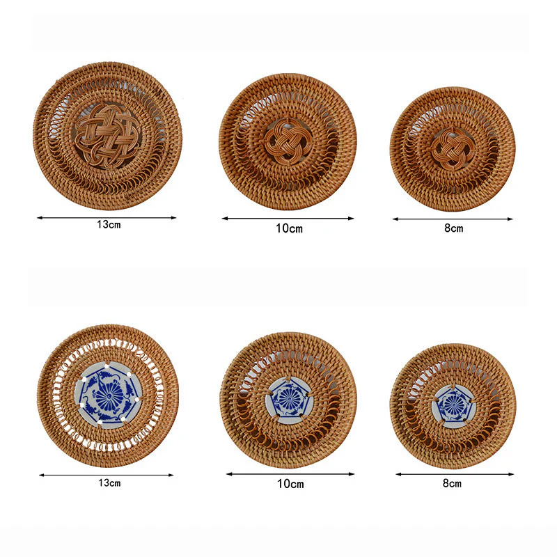 Buddha Stones Ceramic Flower Pattern Rattan Cup Mat Tea Cup Coaster