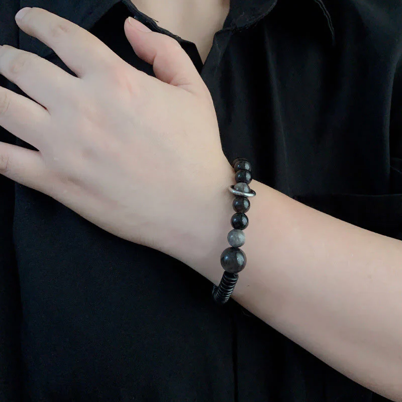 Buddha Stones Silver Sheen Obsidian Coconut Shell Protection Bracelet