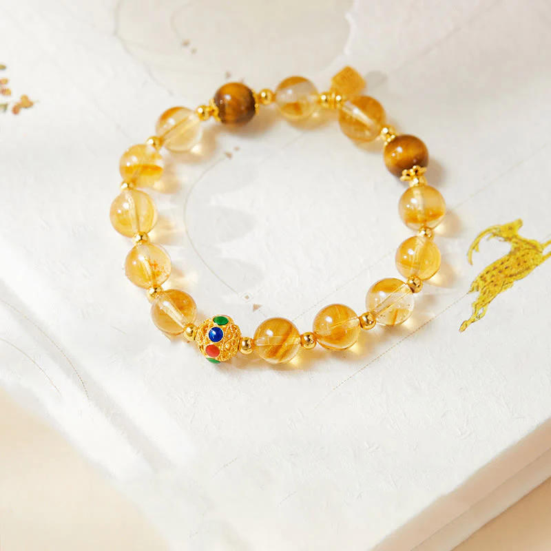 Buddha Stones 925 Sterling Silver Fu Character Citrine Tiger Eye Protection Bracelet