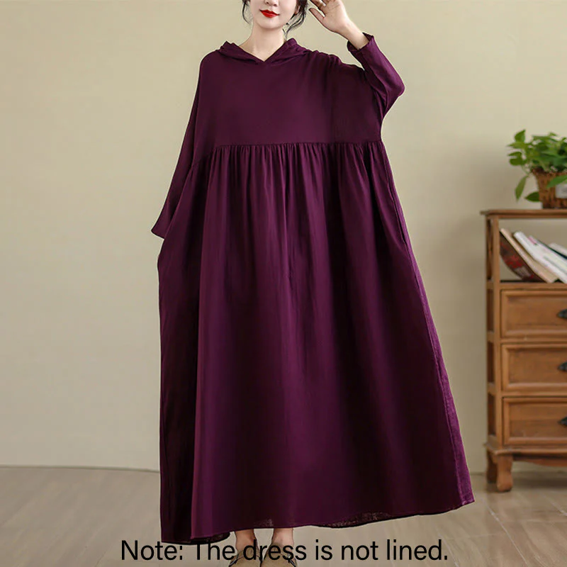 Buddha Stones Fall Hoodie Design Long Sleeve Cotton Linen Midi Dress With Pockets