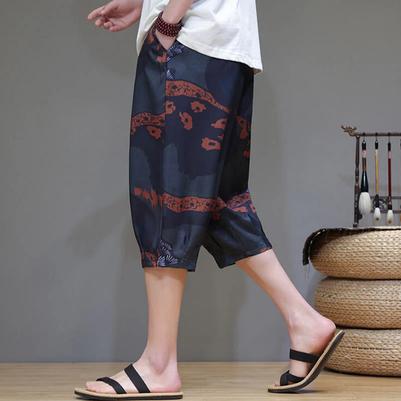 Buddha Stones Summer Bamboo Leaves Flowers Cotton Linen Men's Capri Pants With Pockets