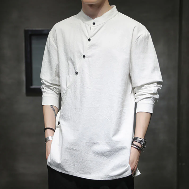 Buddha Stones Plain Lace-Up Simple Button Design Men's Long Sleeve Cotton Linen Shirt Clothing