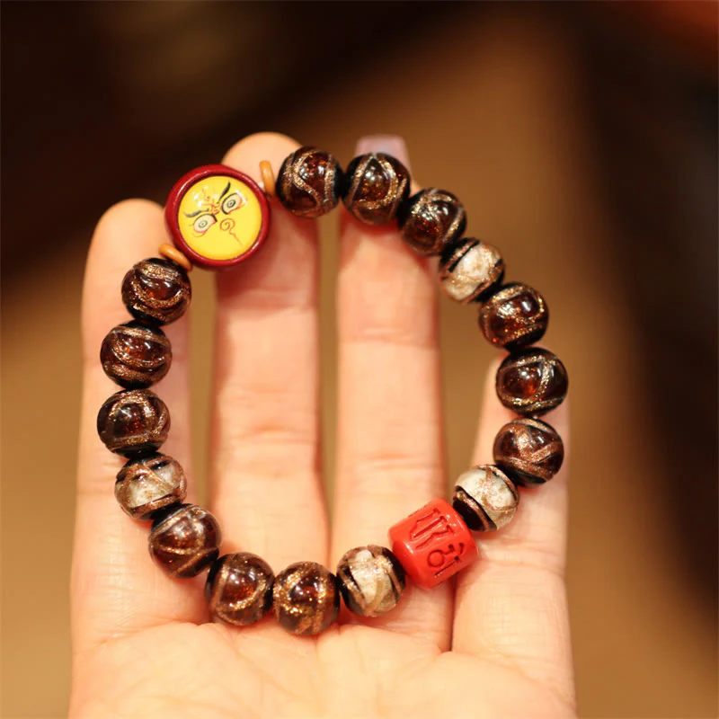 Buddha Stones Tibetan Gold Swallowing Beast Family Five God Of Wealth Thangka Fortune Bead Bracelet