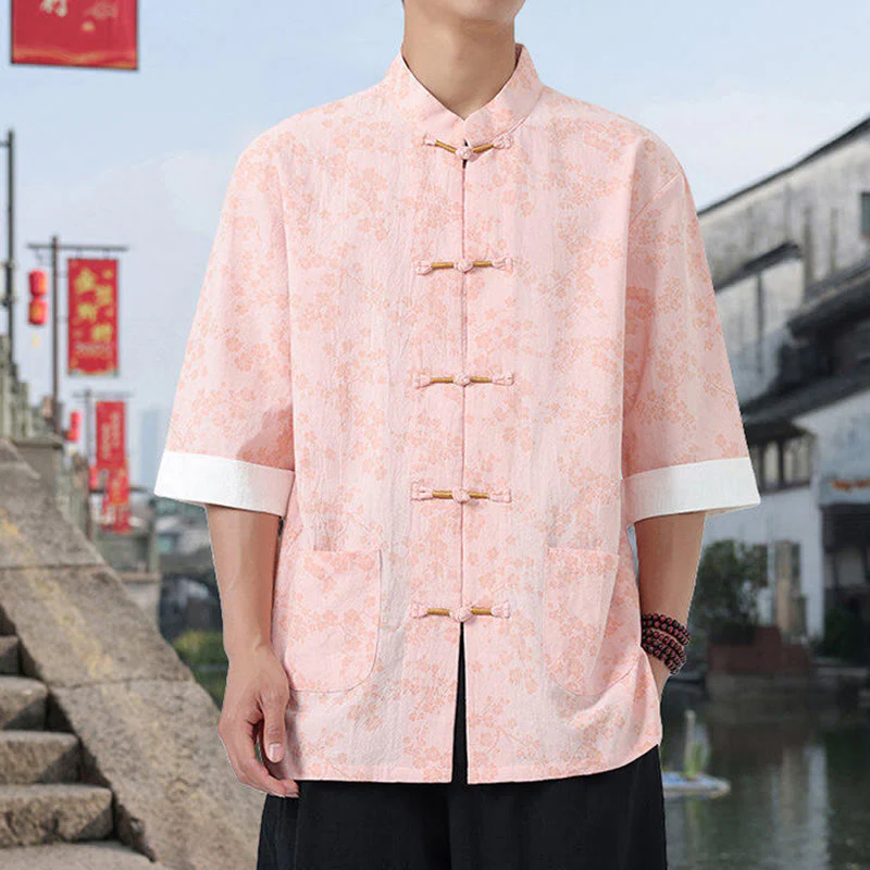 Buddha Stones Retro Printing Flower Pattern Frog-Button Design Stand Collar Men's Half Sleeve Cotton Shirt With Pockets