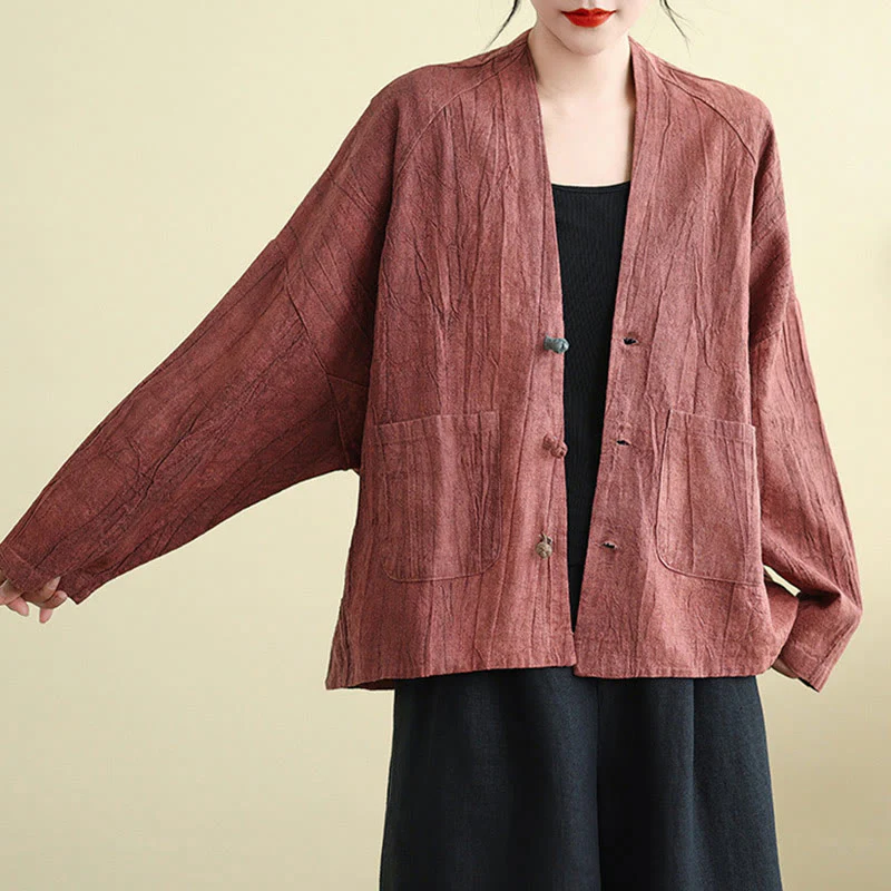Buddha Stones Plain Long Sleeve Women's Cotton Linen Jacket With Pockets