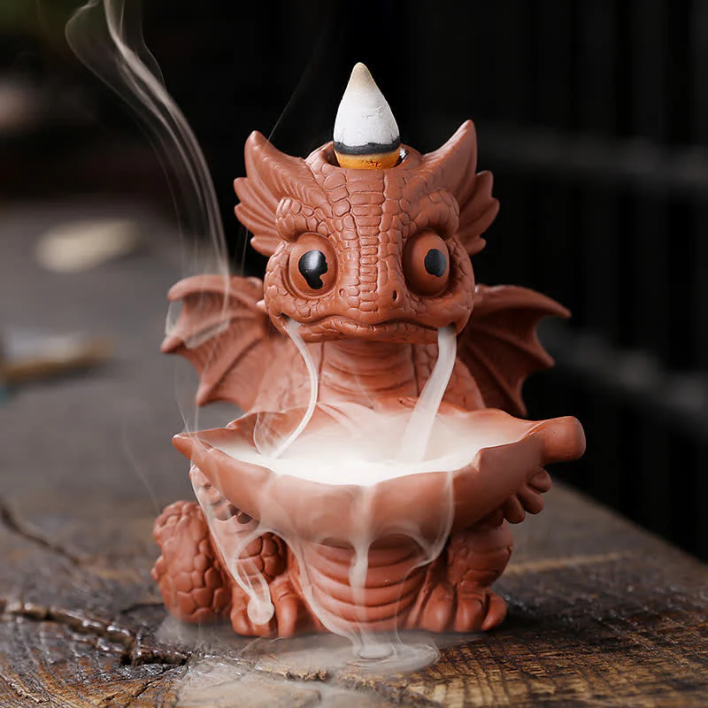 Buddha Stones Lovely Dinosaur Purple Clay Backflow Smoke Fountain Healing Incense Burner Decoration