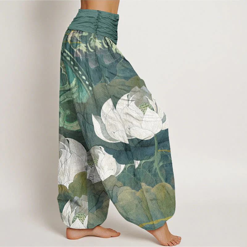 Buddha Stones White Lotus Leaves Pattern Casual Women's Elastic Waist Harem Pants