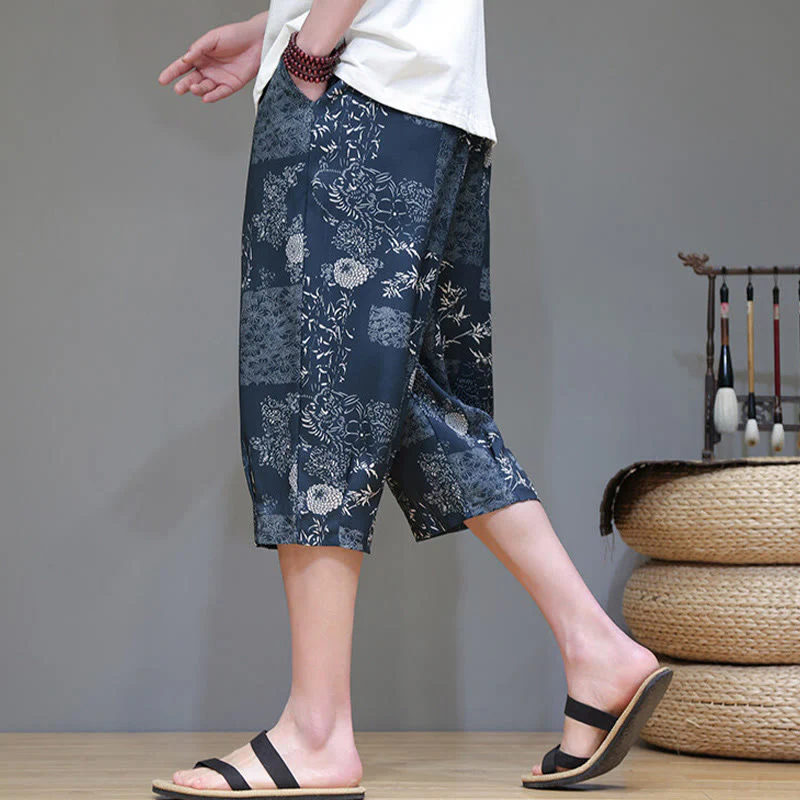 Buddha Stones Summer Bamboo Leaves Flowers Cotton Linen Men's Capri Pants With Pockets
