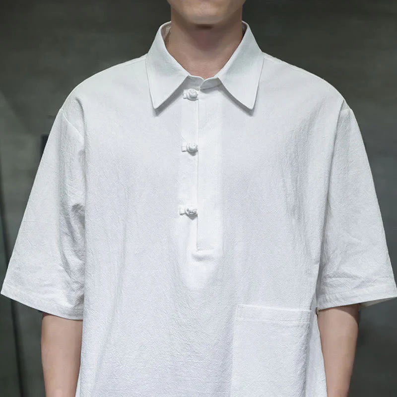 Buddha Stones Commute Plain Half Buttons Design Men's Cotton Linen Shirt With Pocket