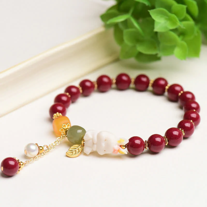 Buddha Stones Year of the Rabbit Cinnabar Hetian Jade Bunny Beaded Blessing Bracelet