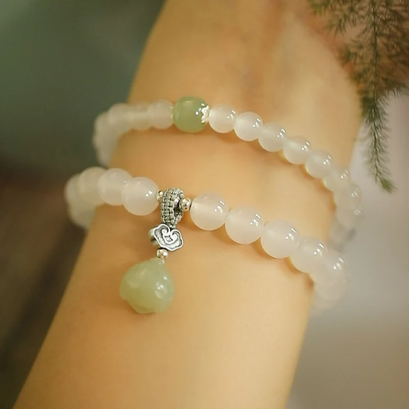Buddha Stones White Agate Jade Lotus Protection Bracelet