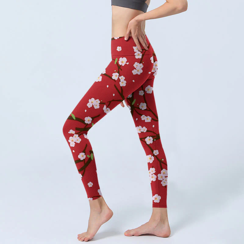 Buddha Stones Plum Blossoms Branches Leaves Pattern Print Gym Leggings Women's Yoga Pants