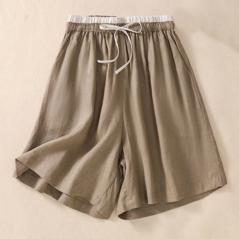 Buddha Stones Solid Color Contrast Color Waist Lace-up Cotton Linen Women's Shorts With Pockets