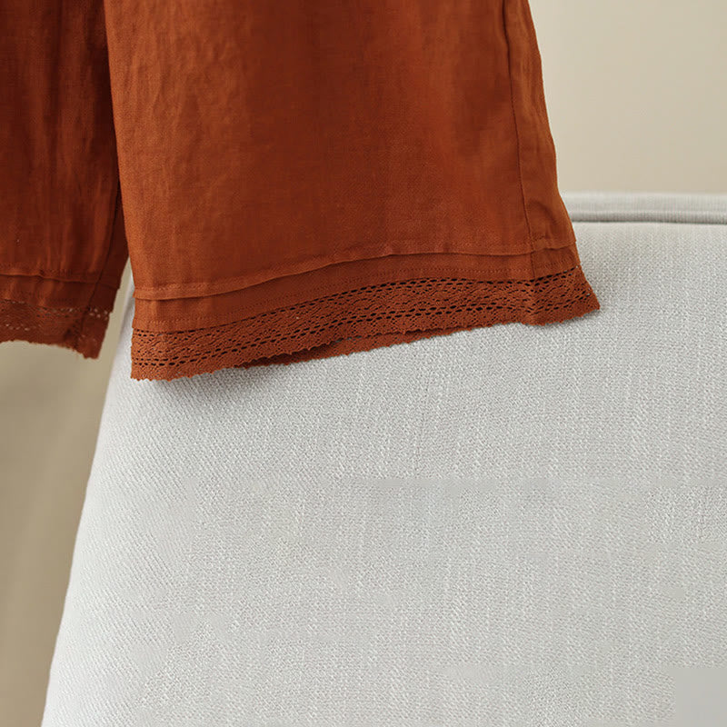 Buddha Stones Commute Retro Plain Lace Patchwork Design 7-8 Length Women's Wide Leg Cotton Pants With Pockets