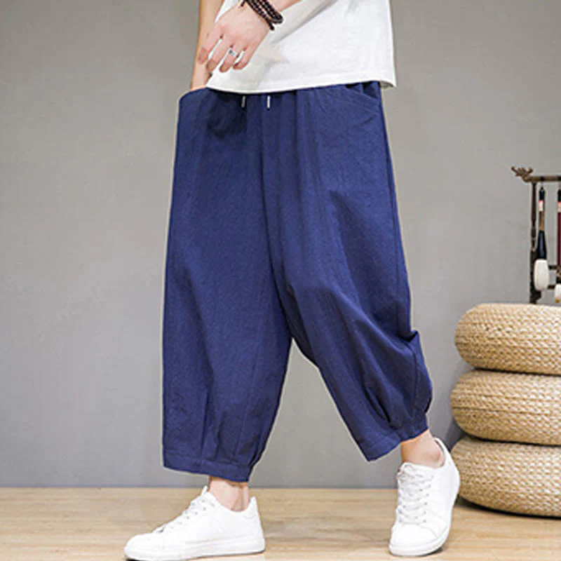 Buddha Stones Simple Cotton Men's Cropped Capri Harem Pants With Pockets