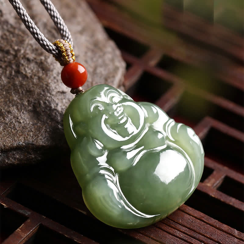 Buddha Stones Laughing Buddha Hetian Jade Abundance Necklace String Pendant