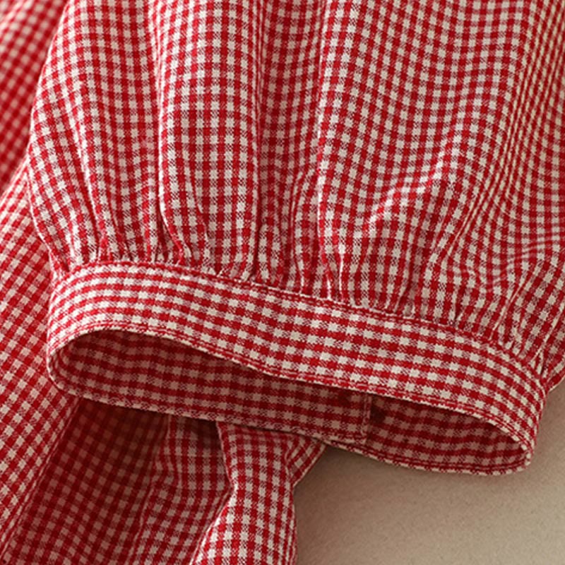 Buddha Stones Spring Plaid Ruffled Crew Neck Design Three Quarter Sleeve Cotton Women's Shirt