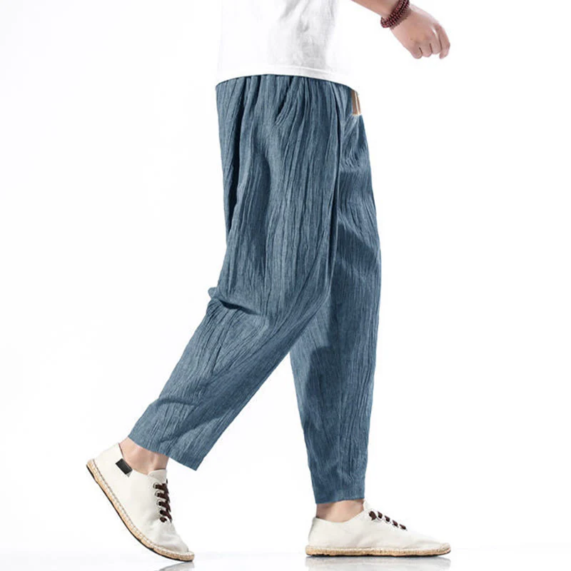 Buddha Stones Casual Plain Pleated Design Drawstring Men's Long Cotton Linen Harem Pants With Pockets