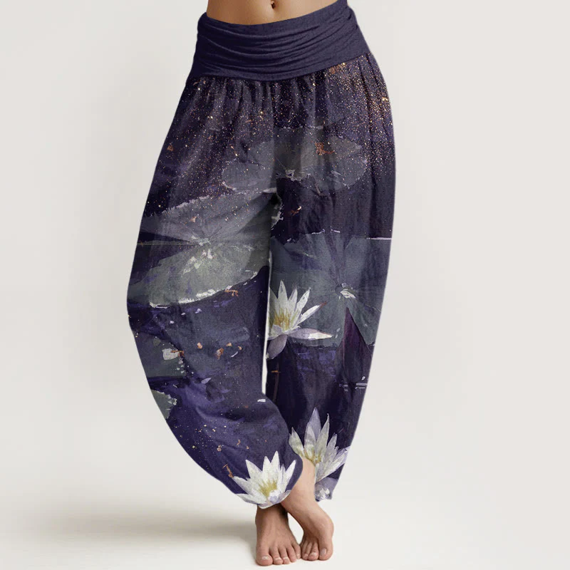 Buddha Stones Casual Lotus Leaves On The Lake Pattern Women's Elastic Waist Harem Pants