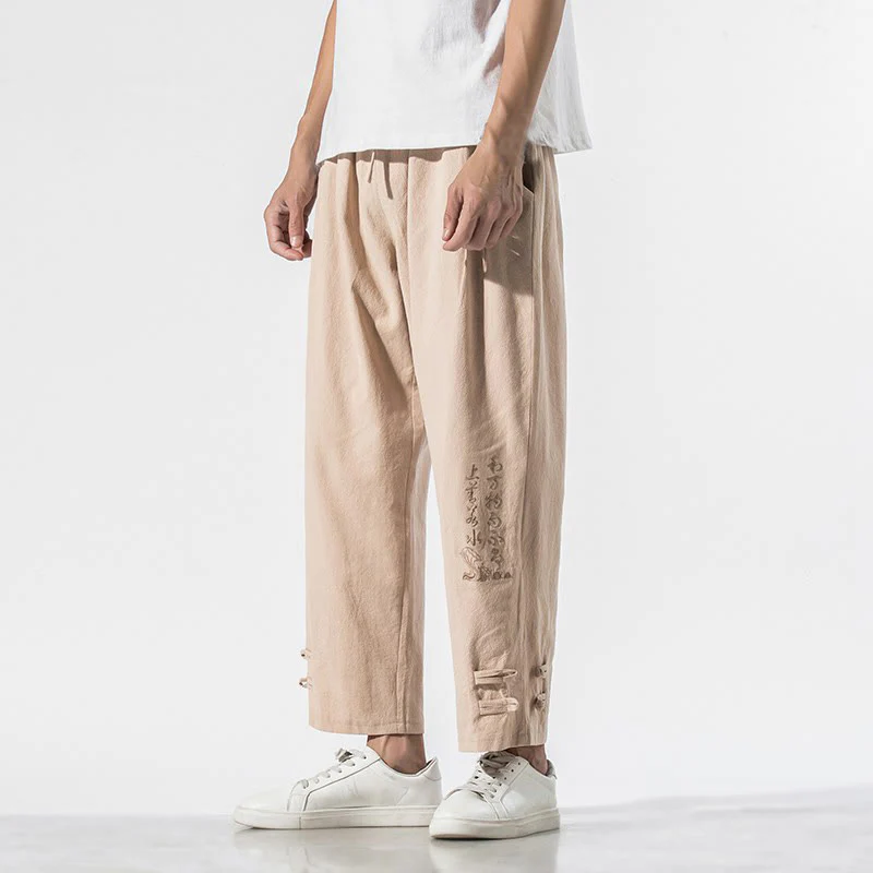 Buddha Stones Summer Chinese Characters Embroidery Men's Cotton Linen Pants With Pockets