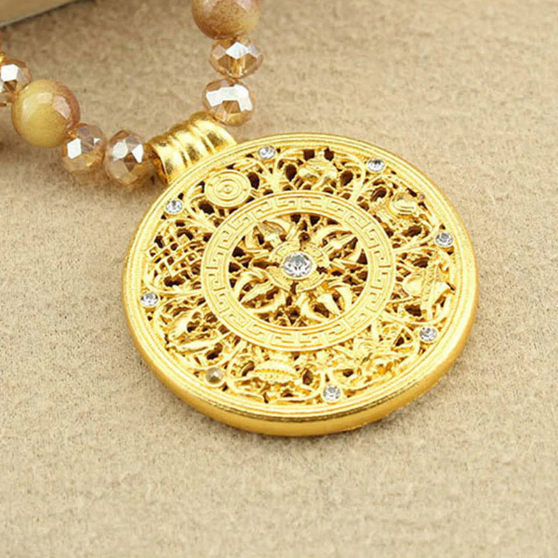 Buddha Stones Tibetan Lotus Round Plate Golden Tiger Eye Beads Necklace Pendant