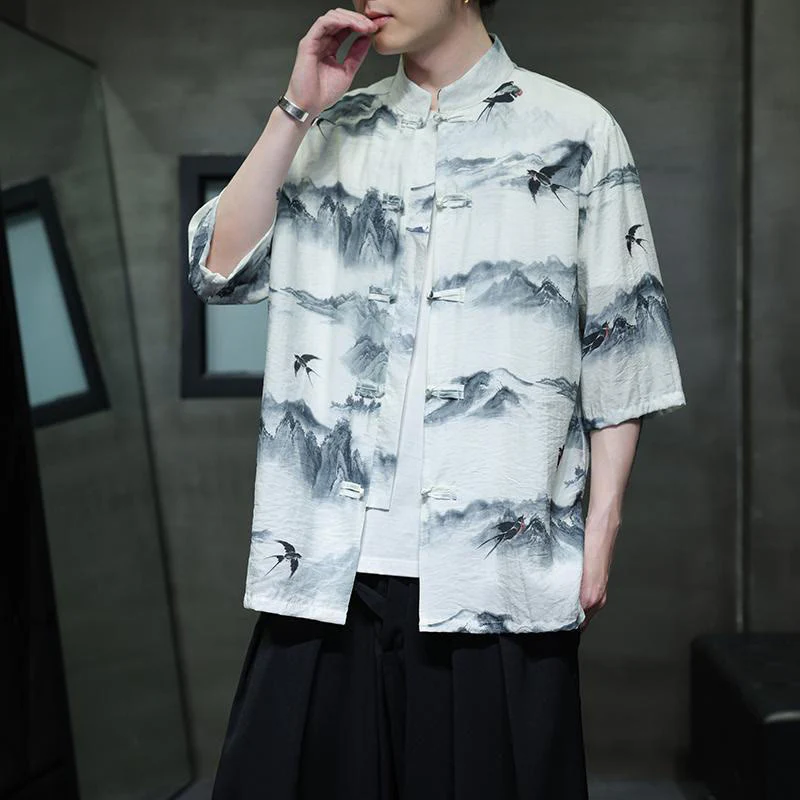 Buddha Stones Ink Painting Mountains Chinese Frog-Button Tang Suit Men's Half Sleeve Cotton Linen Shirt