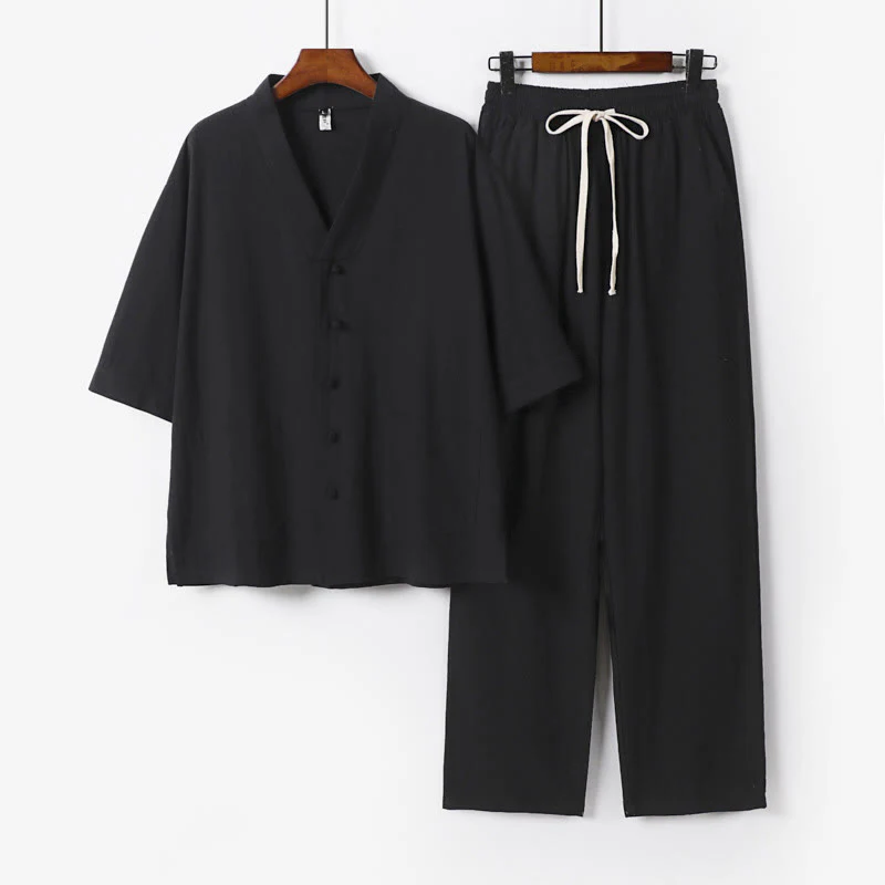 Buddha Stones 2Pcs Summer V-Neck Cotton Shirt Pants With Pockets Men's Meditation Cloth Set