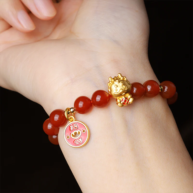 Buddha Stones Year of the Dragon Natural Red Agate Copper Coin Attract Fortune Bracelet
