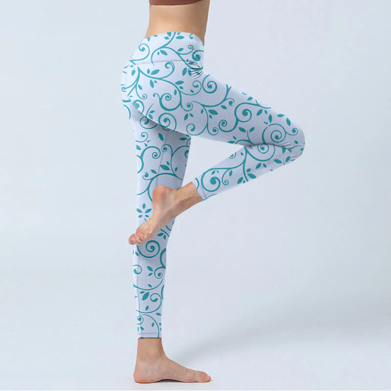 Buddha Stones Blue Vine Leaves Print Gym Leggings Women's Yoga Pants