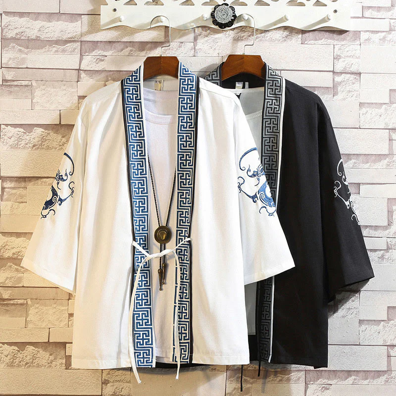 Buddha Stones Embroidery Dragon Phoenix Auspicious Cloud Waves Leaves Cranes Open Front Jacket Men's Kimono