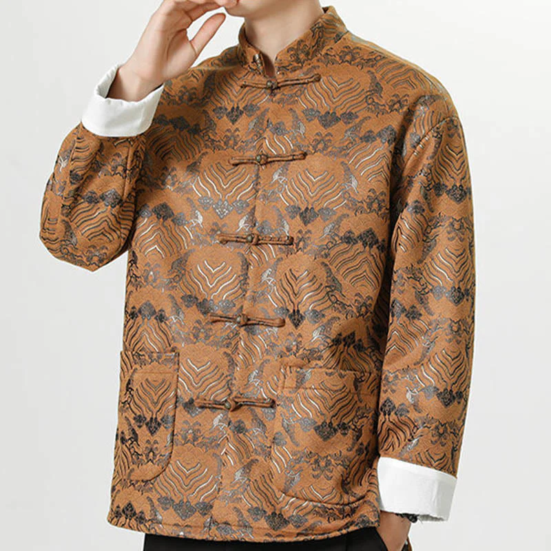 Buddha Stones Frog-Button Chinese Tang Suit Wave Shape Long Shirt Men Jacket Clothing