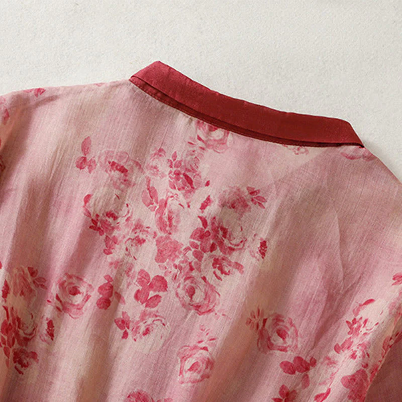 Buddha Stones Retro Printing Buttons Design Drawstring High Waist Cotton Midi Dress With Pockets