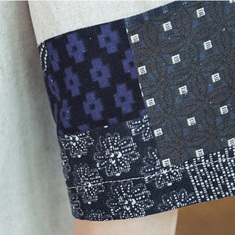 Buddha Stones Ethnic Printing Patchwork Design Open Front Jacket Cotton Linen Men's Kimono