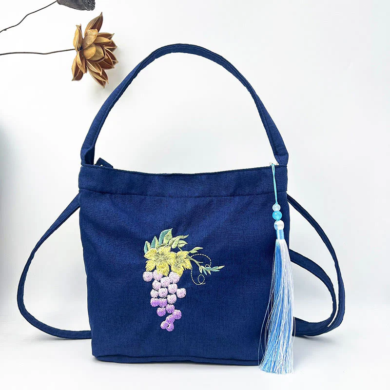 Buddha Stones Embroidery Wisteria Plum Lotus Cherry Blossom Cotton Linen Canvas Tote Crossbody Bag Shoulder Bag Handbag
