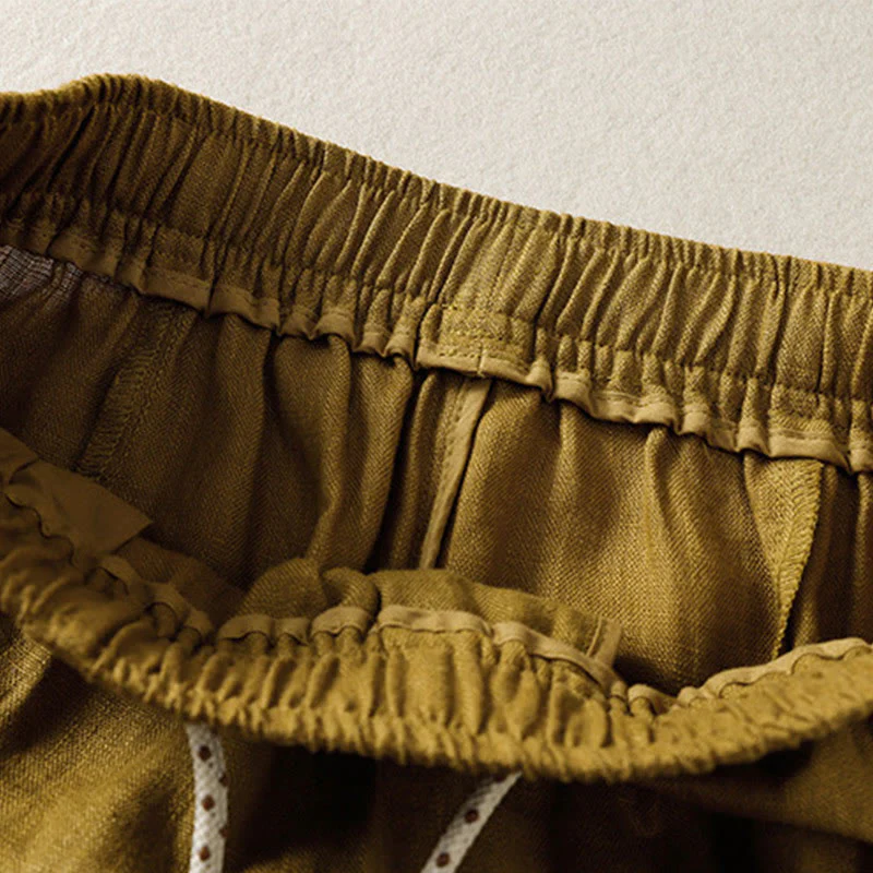 Buddha Stones Casual Embroided Bead Drawstring Women's Wide Leg Cotton Pants With Pockets