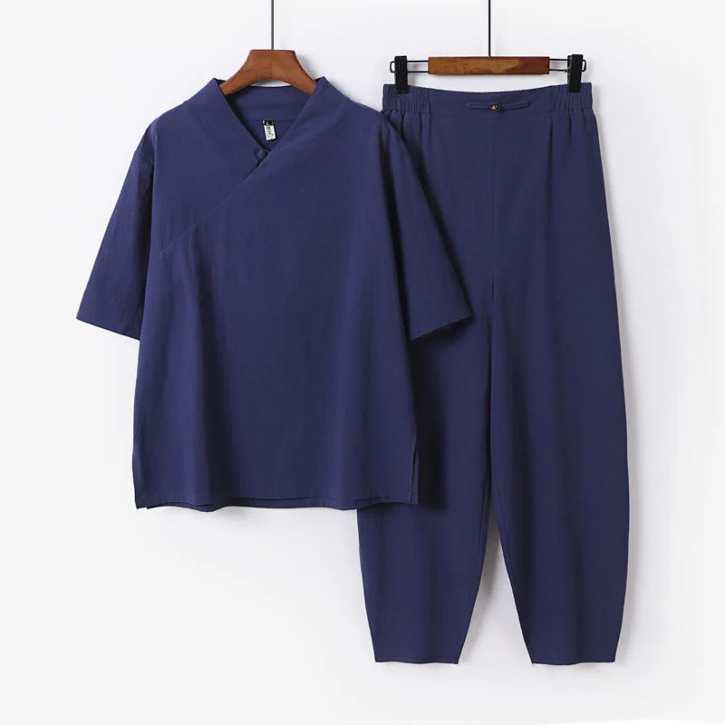Buddha Stones 2Pcs V-Neck Cotton Half Sleeve Shirt Pants With Pockets Men's Meditation Cloth Set