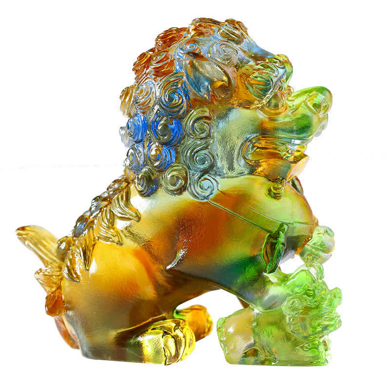 Buddha Stones Handmade Liuli Crystal Lion Art Piece Strength Home Office Decoration