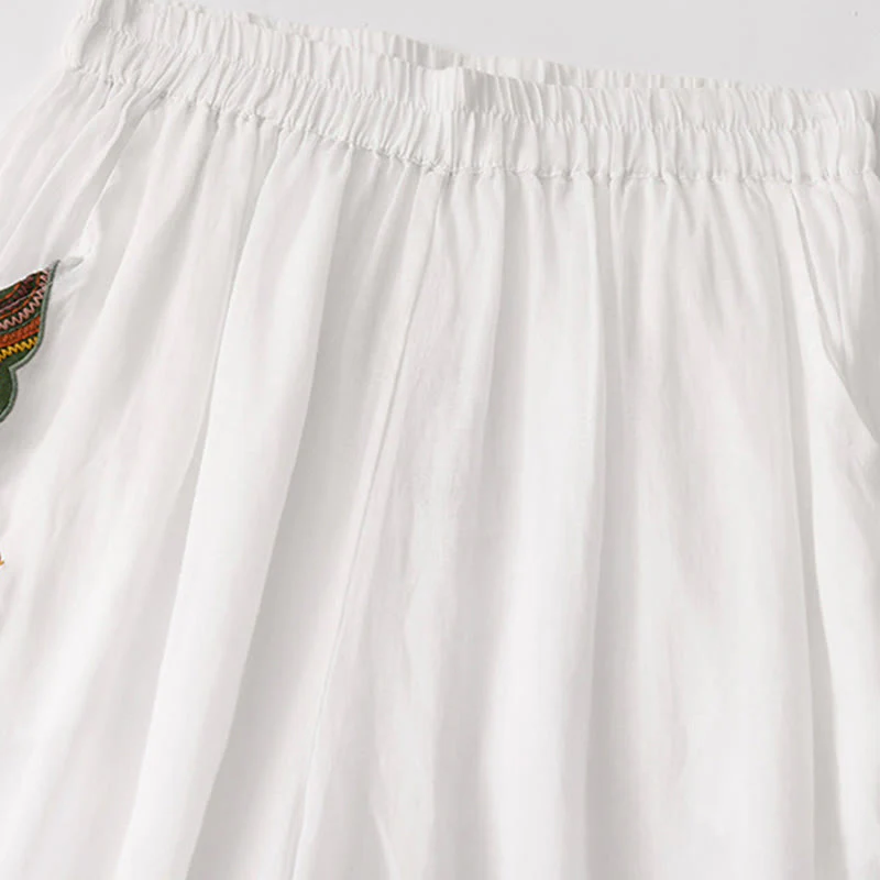 Buddha Stones Summer Embroidery Double Layer Cotton Linen Women's Wide Leg Pants With Pockets