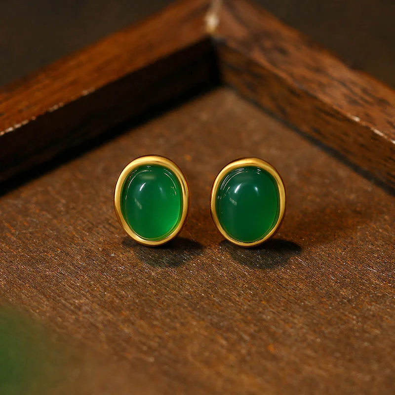 Buddha Stones 925 Sterling Silver Golden Green Chalcedony Strength Earrings