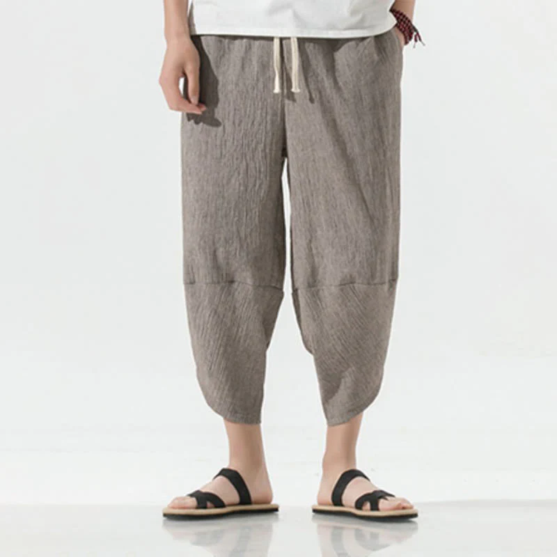 Buddha Stones Plain Simple Design Drawstring 7-8 Length Linen Men's Harem Pants With Pockets