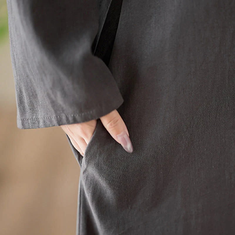 Buddha Stones Casual Plain Crew Neck Cotton Linen Midi Dress With Pockets