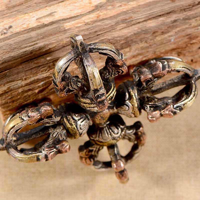 Buddha Stones Tibetan Handmade 5 Prong Double Dorje Copper Iron Thunderbolt Strength Vajra