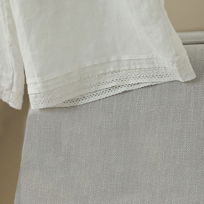 Buddha Stones Commute Retro Plain Lace Patchwork Design 7-8 Length Women's Wide Leg Cotton Pants With Pockets