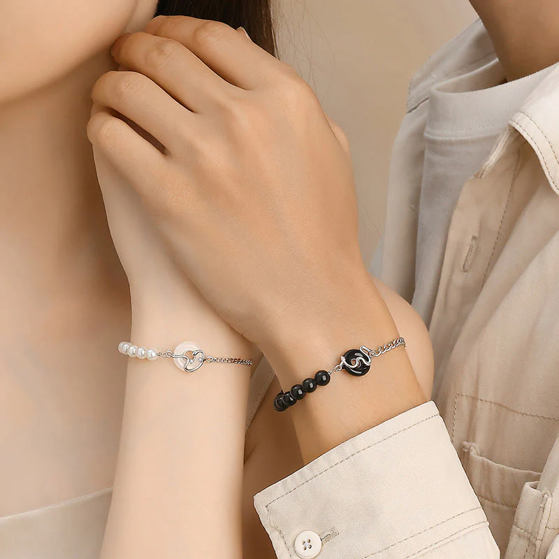 Buddha Stones Black Obsidian Black Onyx Chalcedony Peace Buckle 925 Sterling Silver Year Of The Snake Pearl Purification Couple's Bracelet