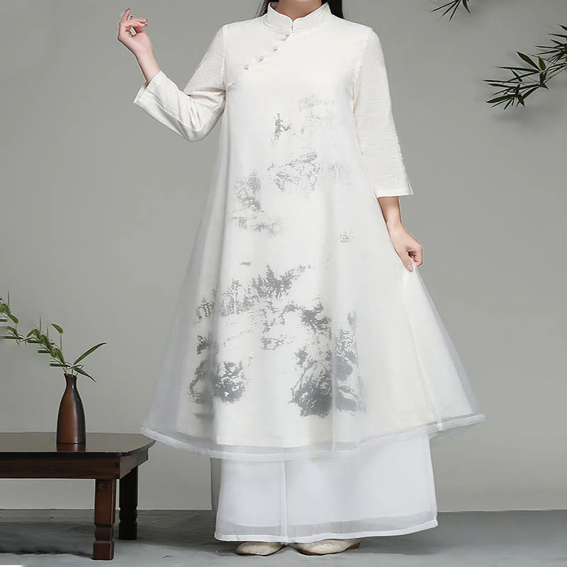 Buddha Stones  Chinese Frog-Button Design Long Sleeve Chiffon Midi Dress