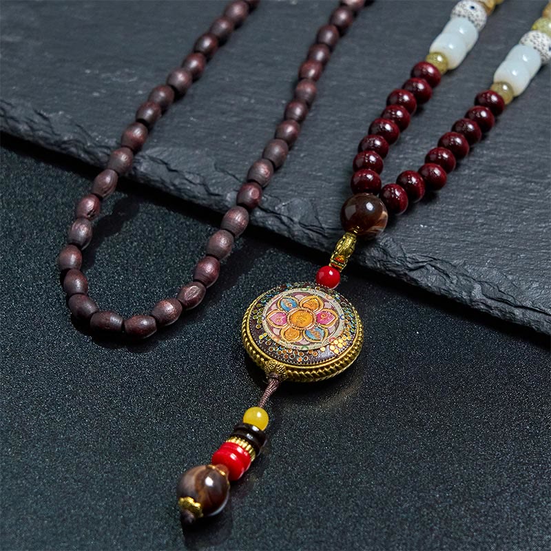 Buddha Stones Tibetan Handmade Wood Beads Om Mani Padme Hum Samantabhadra Bodhisattva Purity Necklace Pendant