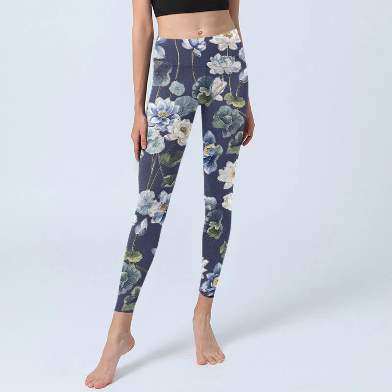 Buddha Stones Blue White Lotus Flowers Oil Painting Print Gym Leggings Women's Yoga Pants