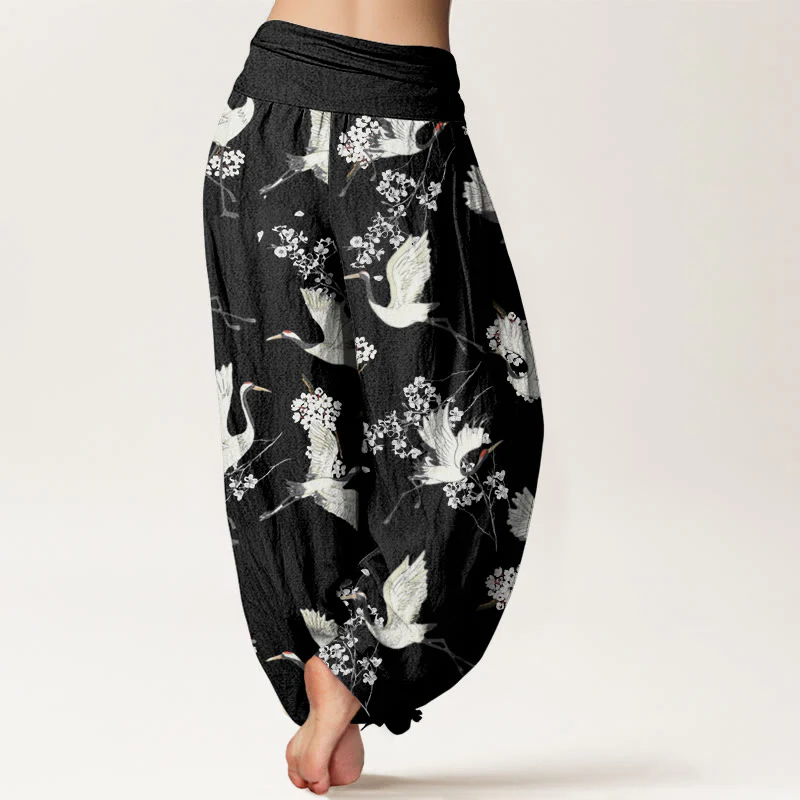 Buddha Stones Casual Elegant Crane Flower Pattern Women's Elastic Waist Harem Pants